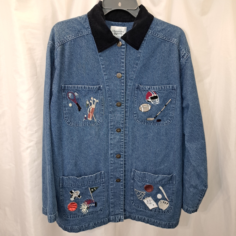 Christopher & Banks Jean Jacket Sz L Sports Embroidered. Cottage Core EUC